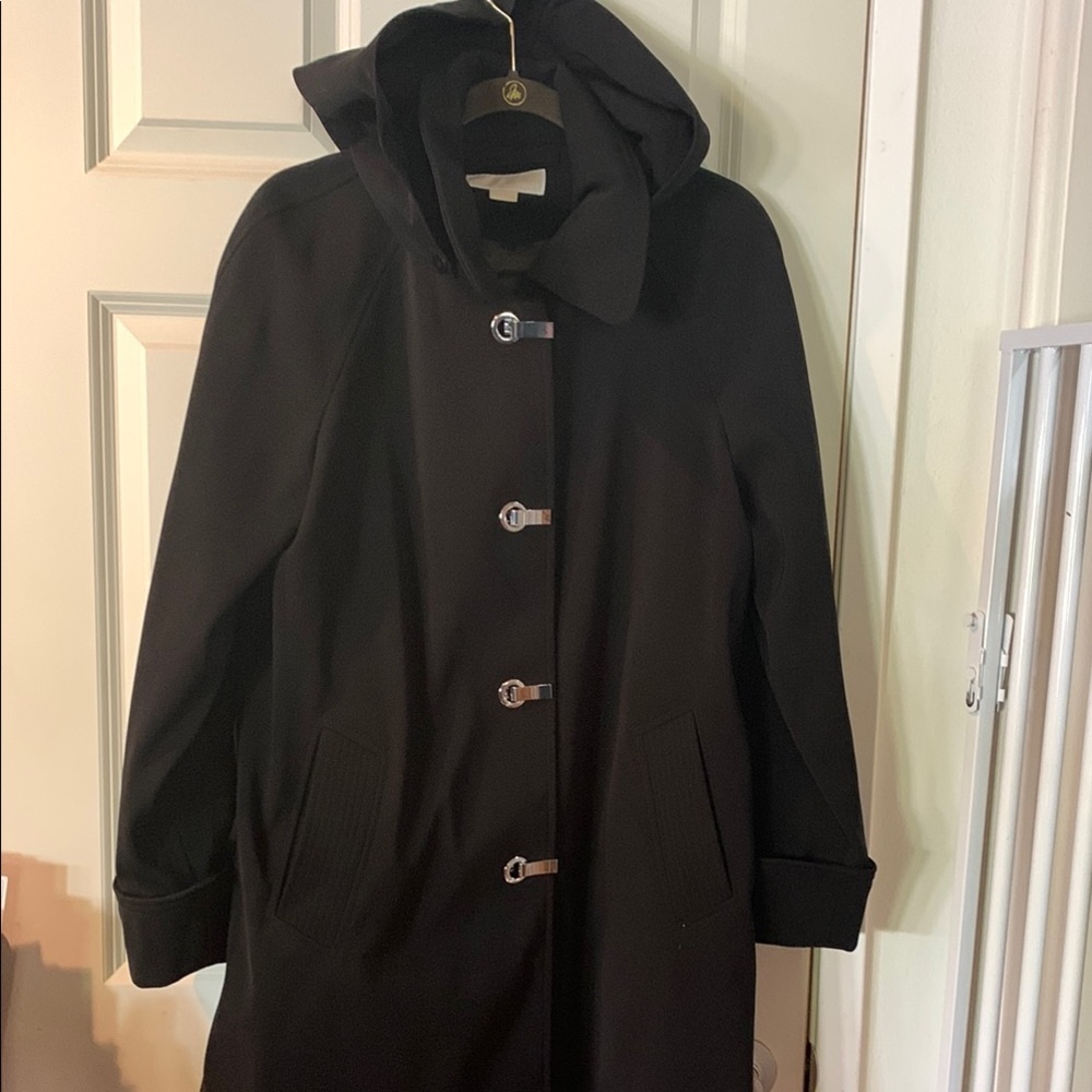 Black MICHAEL by Michael Kors trench coat. Removable hood, Silver claps